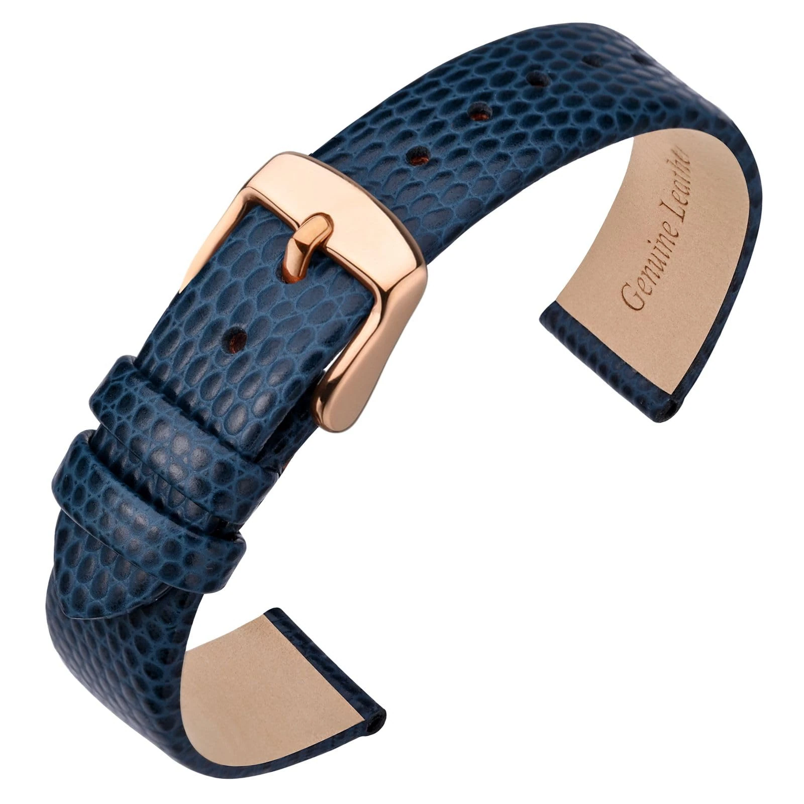 ANNEFIT Women's Leather Watch Band 10mm with Rose Gold Buckle, Lizard Grain Slim Thin Replacement Strap (Blue)