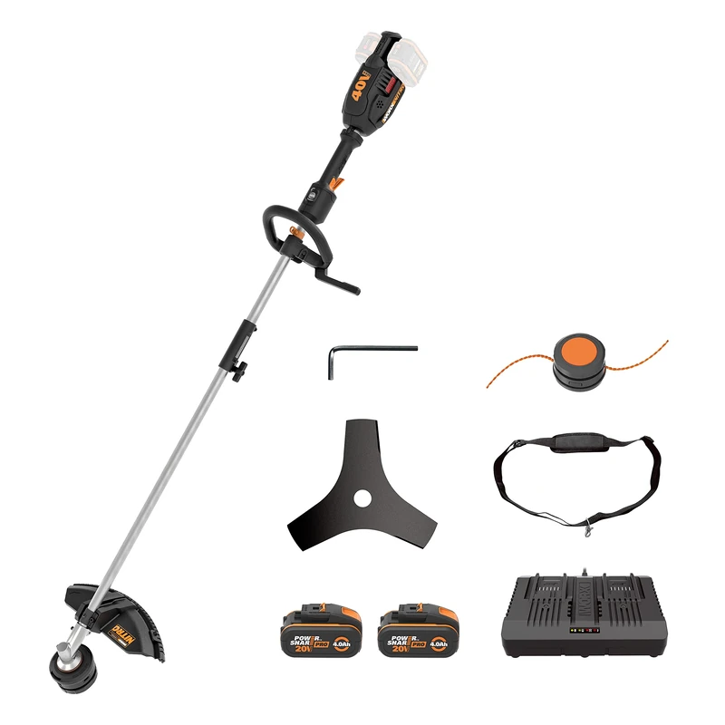 WORX Nitro WG186E.1 Battery-Powered Grass Trimmer and Brush Cutter 40 V (2 x 20 V) - Various Attachments - Quick Thread Change - 38 cm Cutting Circle Diameter - Includes 2x 4 Ah Batteries and Charger