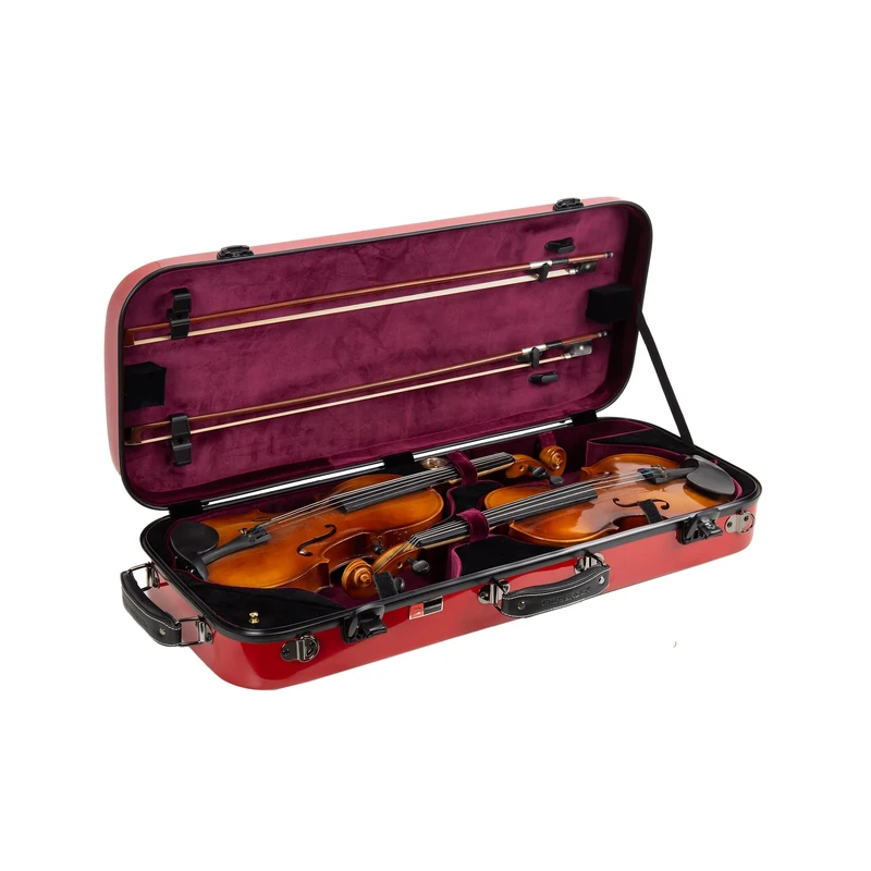 Crossrock Fiberglass Double Violin Case for Two 4/4 Size | Gloss Red Finish, TSA Lock, Red Velvet Interior – Strong & Stylish Travel Case with Shoulder Straps