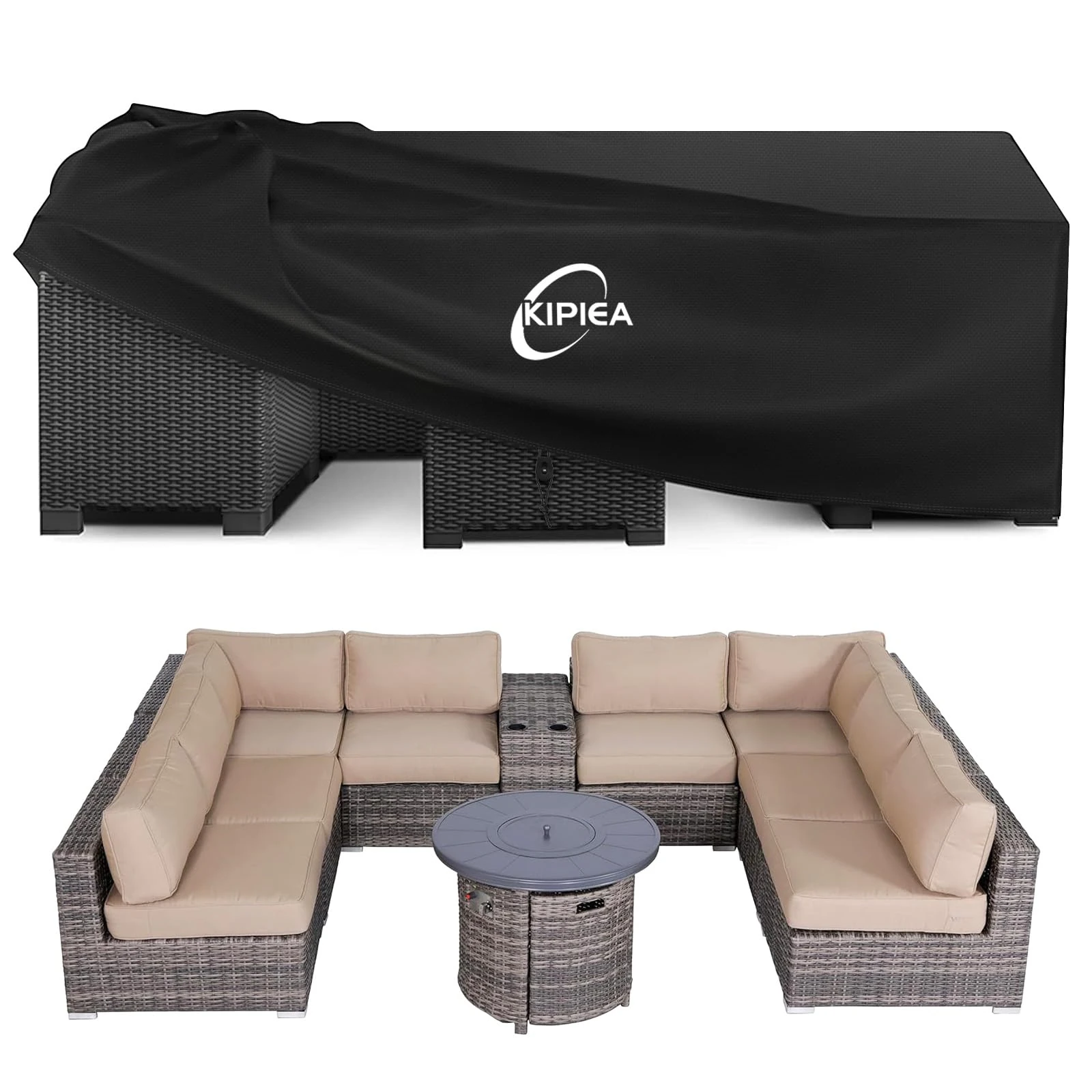 Kipiea Large Outdoor Garden Furniture Covers Waterproof, Patio Furniture Covers Windproof, Heavy Duty 420D Rattan Garden Furniture Set Cover for Table & Chairs, No Tears, Anti UV - 280 x 280 x 71cm