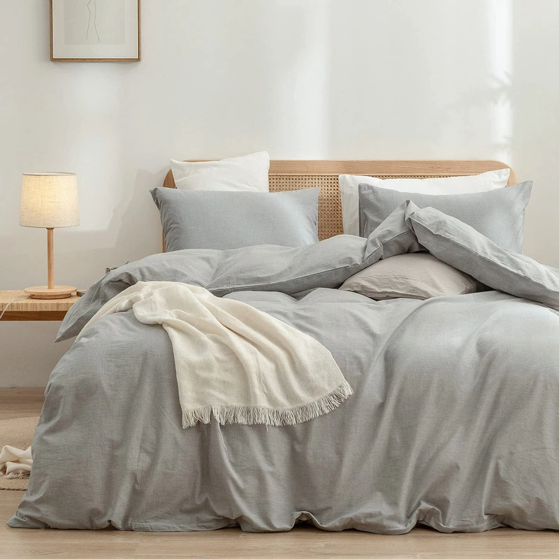 BESTOUCH 100% Washed Cotton Bed Linen Set, Super Soft Touch Comfortable Chic Lightweight 3-Piece Bed Linen Set Home Solid Light Grey, Full/Double