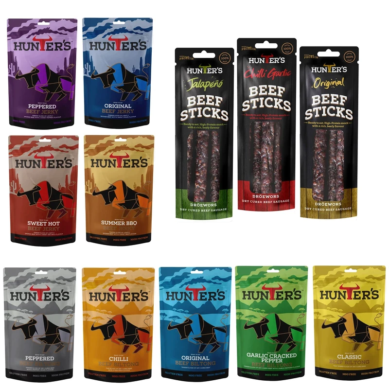 Hunters Beef Snack 12 Pack Combo – 28g Biltong, 28g Jerky, 40g Beef Sticks Droewors, High Protein, low carb, Thin sticks of authentic Droewors, Convenient Snack