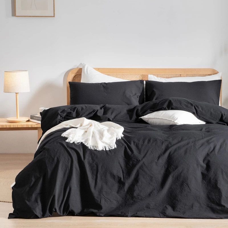 BESTOUCH 100% Washed Cotton Bed Linen Set, Super Soft Touch Comfortable Chic Lightweight 3-Piece Bedding Set Home Solid Deep Black Queen