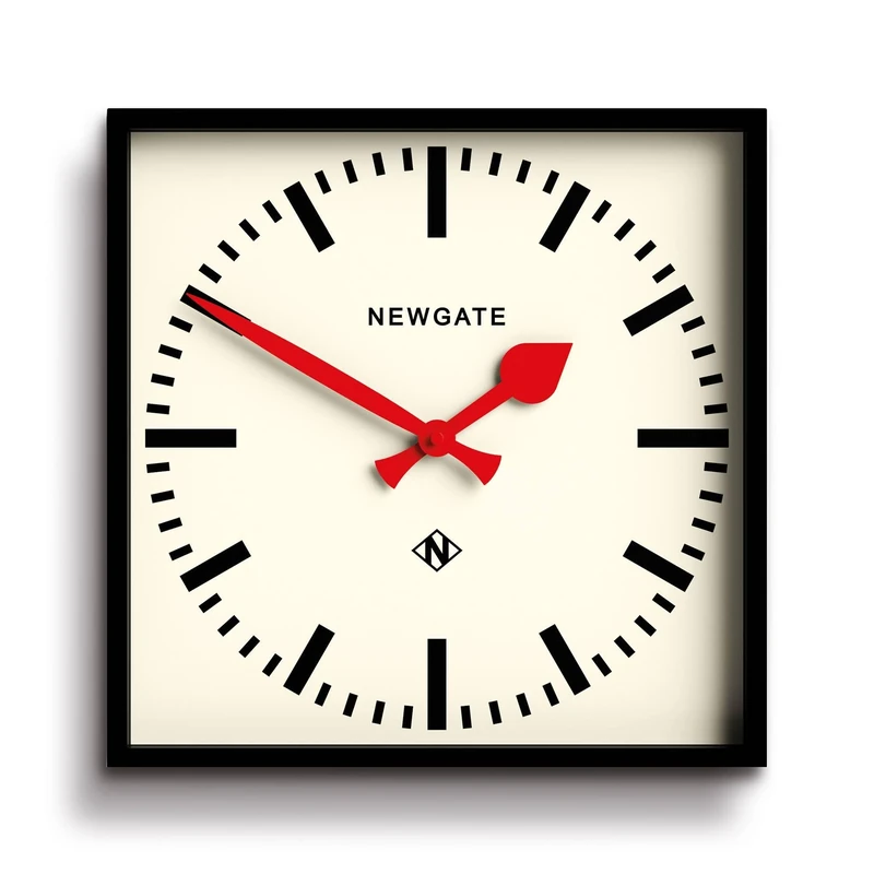 NEWGATE® Number Five wall clock | Square retro inspired modern station clock | 40cm | Black with red hands | Mid century style for kitchen, living room or office