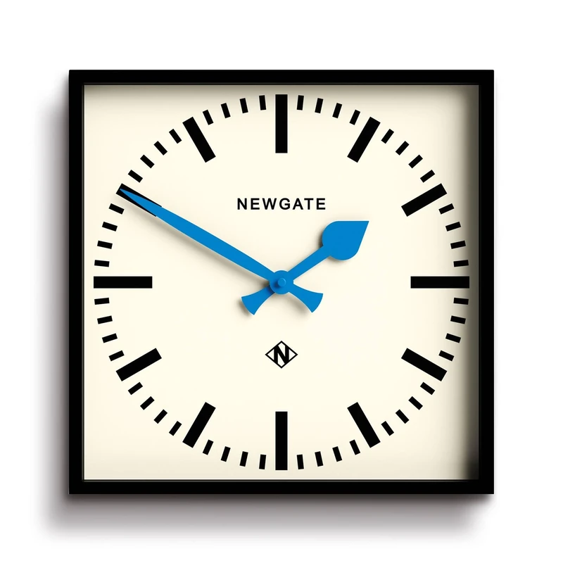 NEWGATE® Number Five wall clock | Square retro inspired modern station clock | 40cm | Black with blue hands | Mid century style for kitchen, living room or office