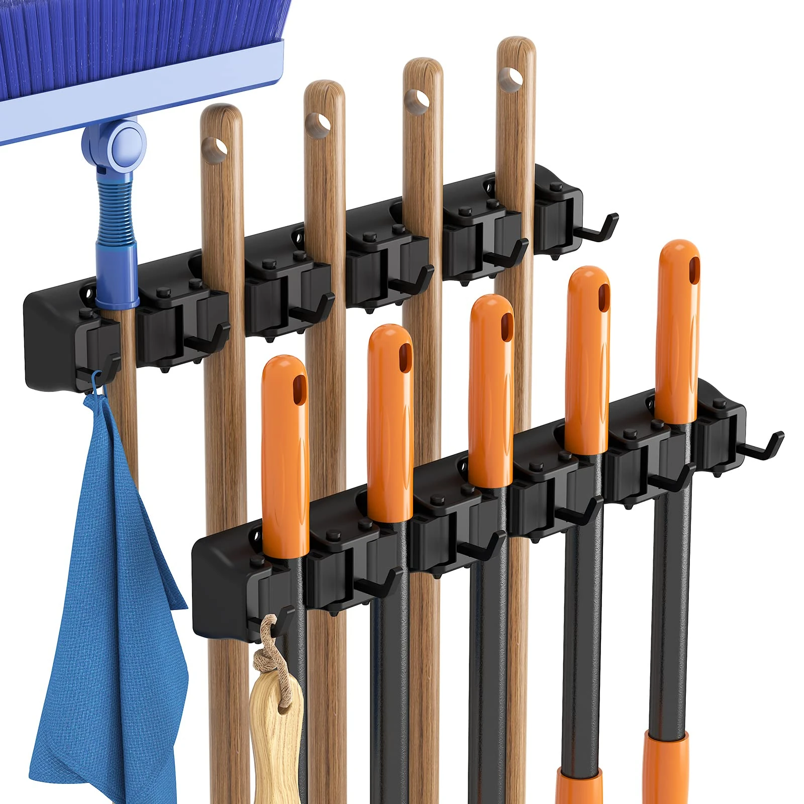 Lifewit Broom Mop Holder Wall Mounted，Heavy Duty Broom Storage with 5 Slot 6 Hooks, Utility Room Storage Solutions for Broom Cupboard Kitchen Bathroom Garage and Garden Tool Organiser, 2 Pack, Black