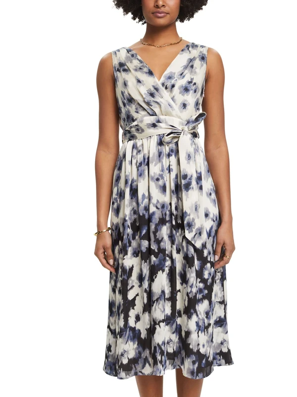 ESPRIT Collection Crinkle Floral Satin Midi Dress, Black, 8