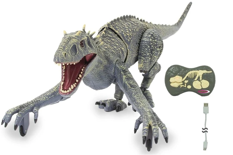 JAMARA 410180 Dinosaur Exoraptor Li-Ion 3.7 V 2.4 GHz Front Feet on 2 Wheels, Moving Parts, Realistic Dinosaur Roar, Remote Controlled RC, Grey