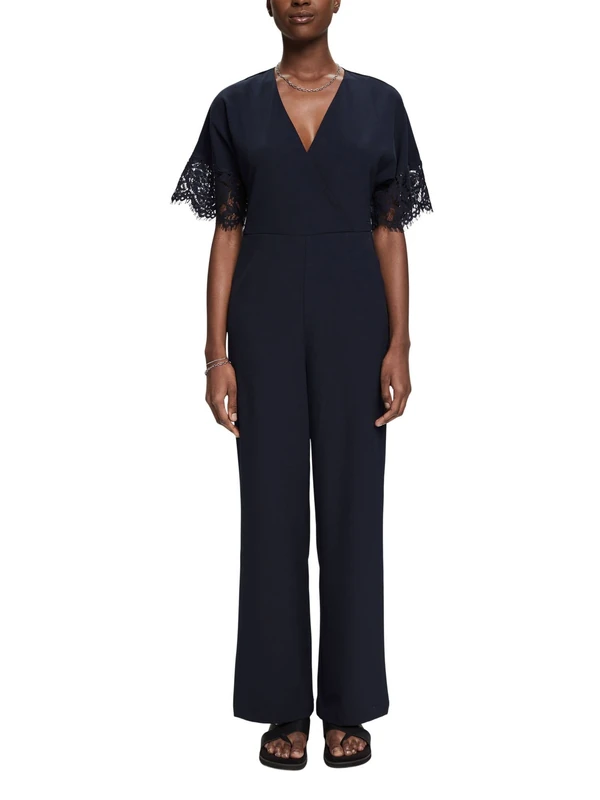 ESPRIT Collection Wide Leg Lace Sleeve Jumpsuit, 400/Navy, 42