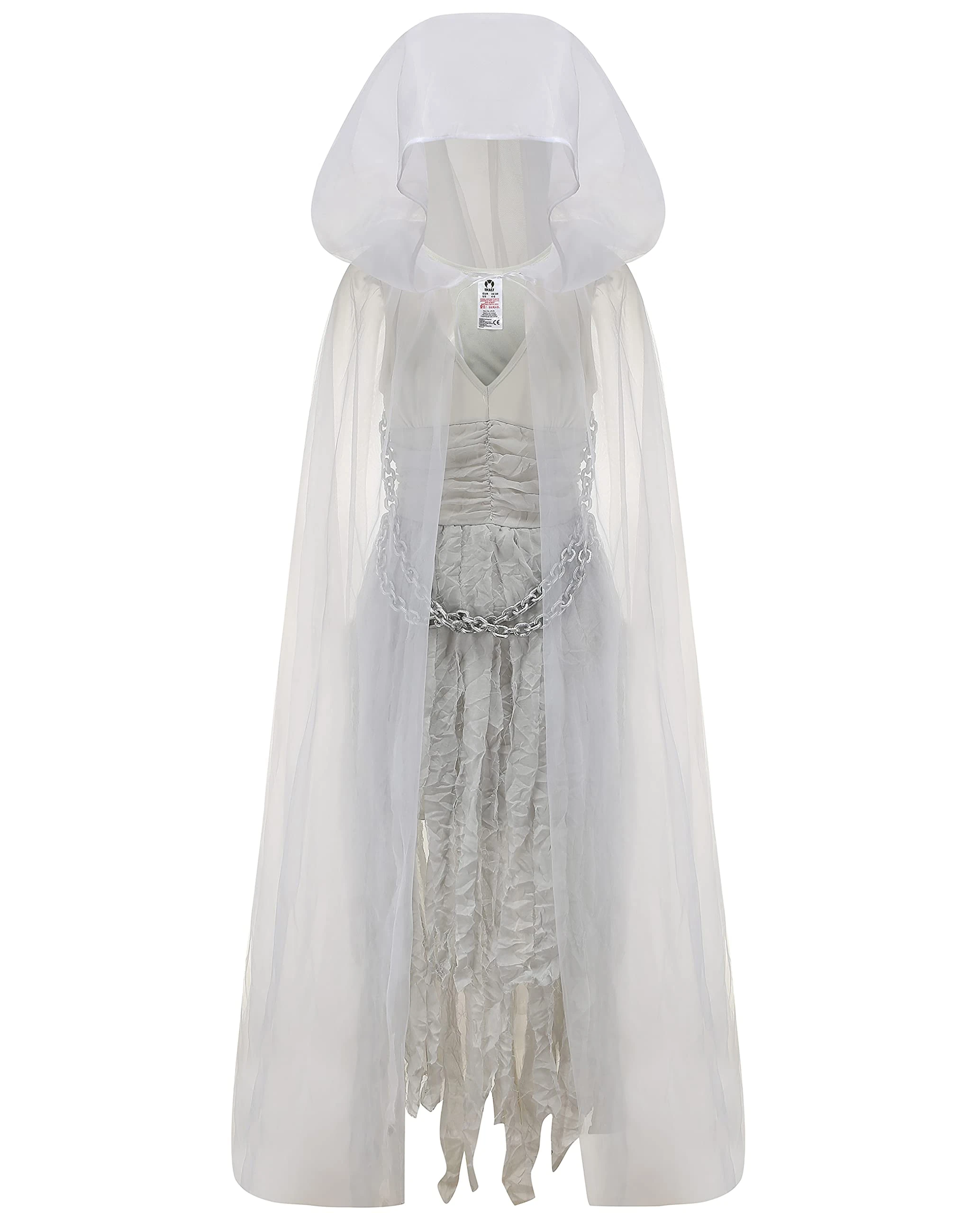 IKALI Ghost Bride Halloween Costume for Women Graveyard Zombie Witch Outfit White Dress, Long Cape with Hood, Plastic Chain
