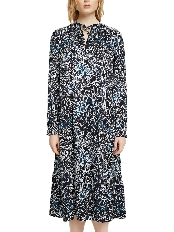 ESPRIT Collection Patterned Satin Ruffle Midi Dress, Black, 14