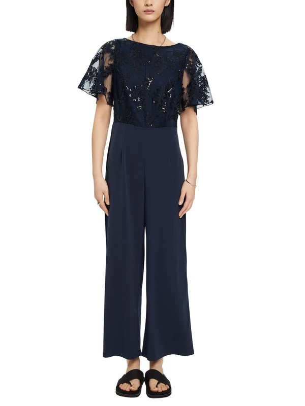 ESPRIT Collection Jersey Jumpsuit with Floral Embroidery on Top, 400/Navy, S - Image 1