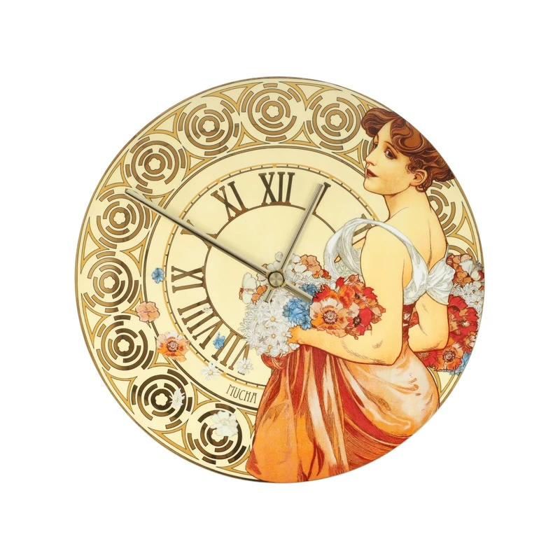 Goebel Alphonse Mucha Summer 1900 Wall Clock, Porcelain Clock with Real Gold Plating, Silent Movement Made in Germany, Roman Numerals, Diameter 31 cm
