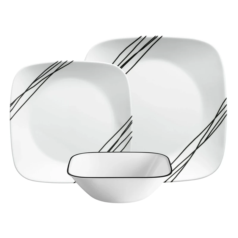 Corelle Dinnerware Set (12pc, Simple Sketch)-Dinner for 4 Includes x: Dinner Plates, Side & Bowls 3 X More Durable, Half The Space Weight of Ceramic up to 80% Recycled Glass, 1146920