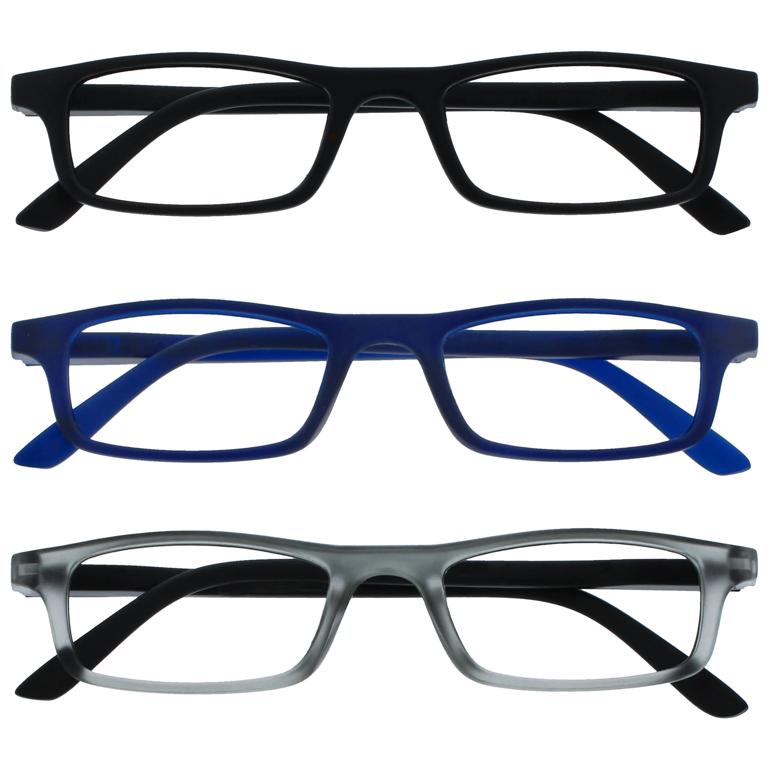 OPULIZE Ted Reading Glasses 3 Pack Narrow Matt Lightweight Frame Black Navy Blue Transparent Grey Spring Hinges Scratch Resistant Mens Womens RRR17-137 +2.50
