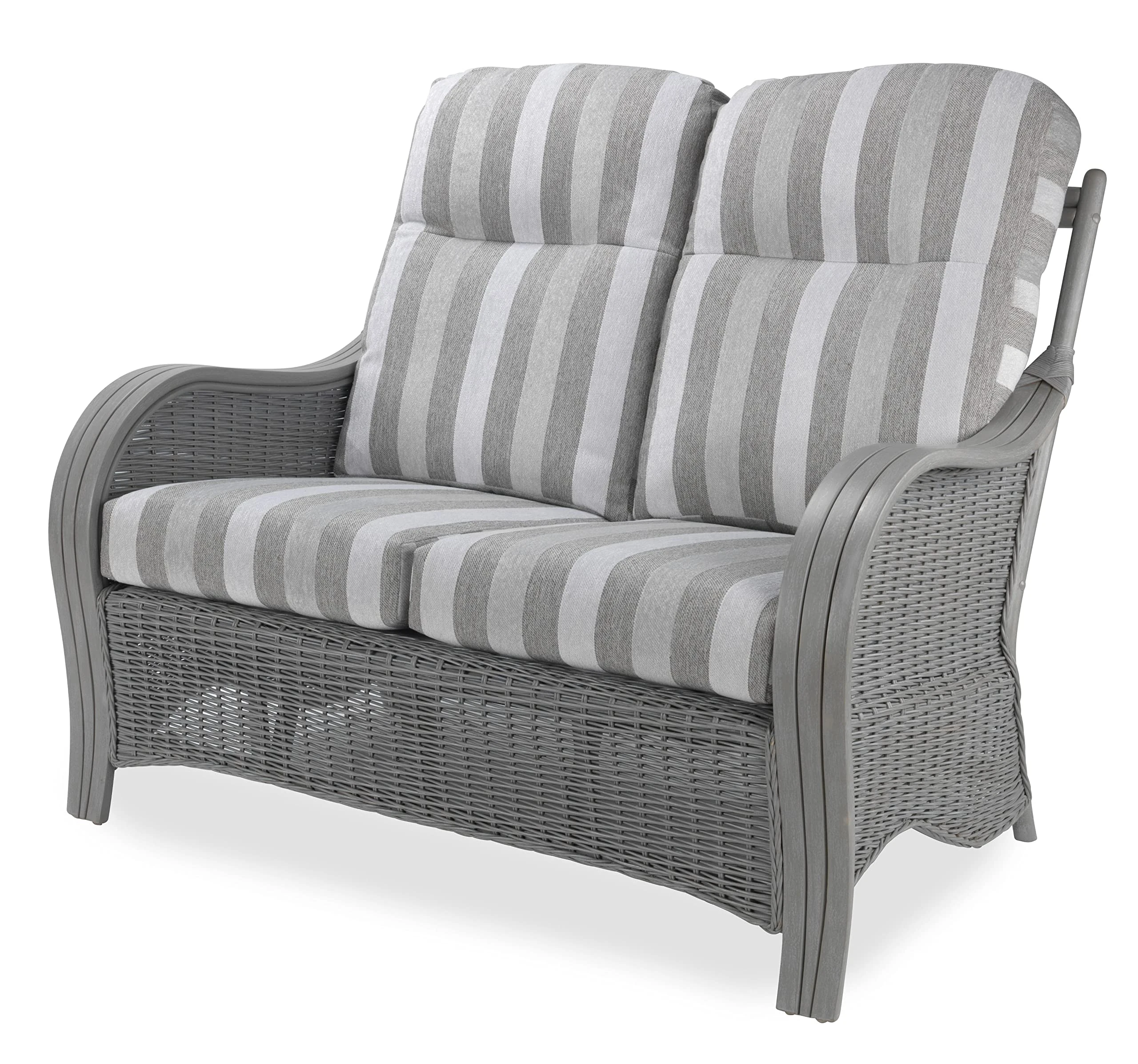Desser Turin Grey Rattan Conservatory Sofa – Fully Assembled 2 Seater Sofa in Aquaclean Duke Grey Stripe Cushions – Indoor Wicker Cane Rattan with UK Made Cushions - H101cm x W127cm x D88cm