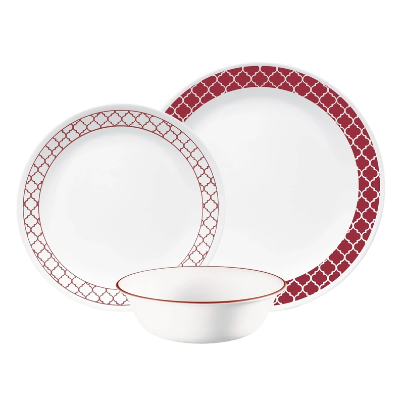 Corelle Dinnerware Set (12pc Set, Crimson Trellis)-Dinner Set for 4 4 x: Dinner Plates, Side Plates & Bowls 3 X More Durable, Half The Space & Weight of Ceramic up to 80% Recycled Glass, 1147166
