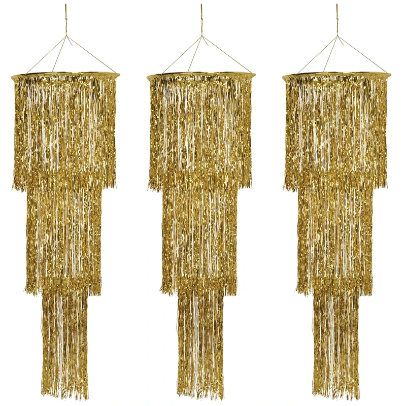 Beistle S57510-GDAZ3 3 Piece Three Tier Metallic Gold Plastic Shimmering Hanging Chandeliers for New Year's Eve Party Decorations Or 20's Theme Décor - Image 1