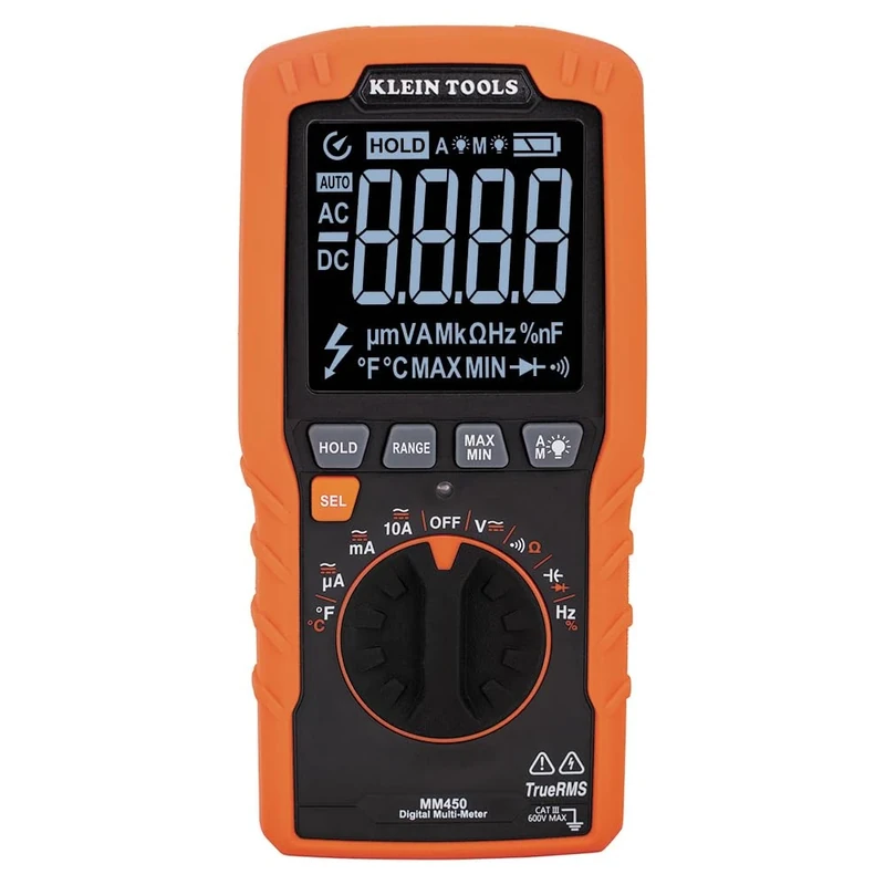 Klein Tools MM450 Multimeter, Slim Digital Meter, Auto-Ranging TRMS, 600V AC/DC Voltage, Current, Resistance, Temp, Frequency, Continuity, Orange