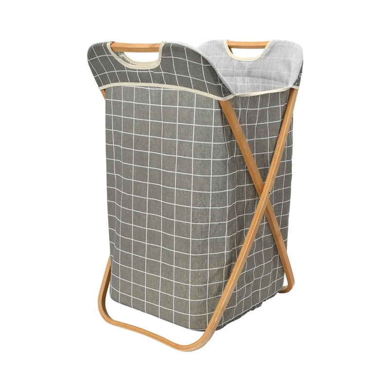 Household Essentials Bamboo X Frame Hamper with Grid Pattern, Gray, Plaid