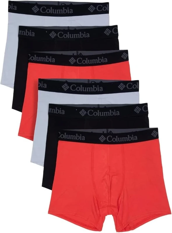 Columbia Mens Polyester Spandex Boxer Brief 6 Pack, Blood Orange, Black, Cool Grey, XL