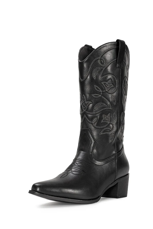 IUV Cowboy Boots For Women Pointy Toe Women's Western Boots Cowgirl Boots Mid Calf Boots, Black, 6 UK