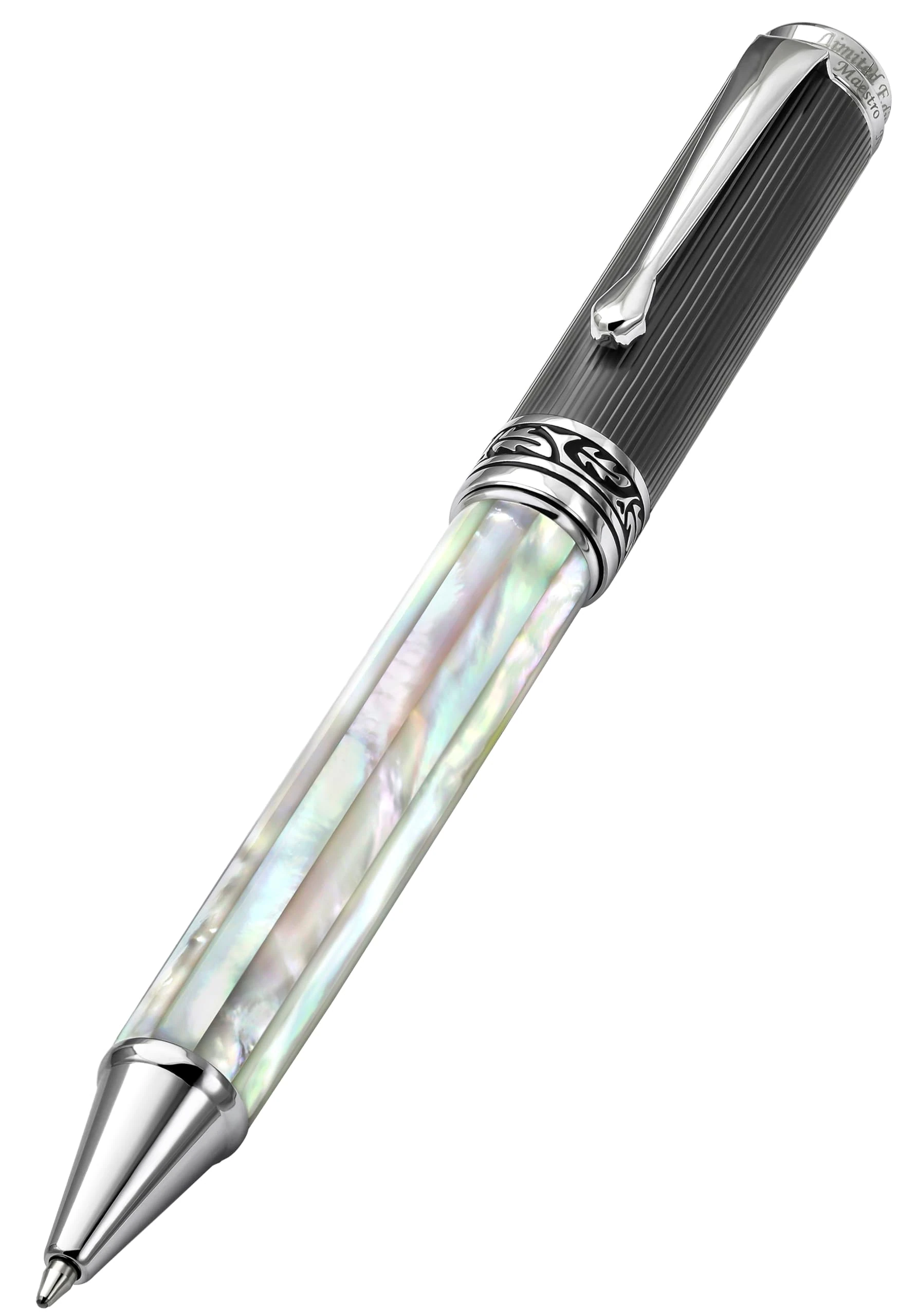 Xezo Maestro Medium Twist Action Handmade Ballpoint Pen. Iridescent Oceanic Origin White Mother of Pearl with Diamond-Like Carbon PVD. Serialized, No Two Pens Alike