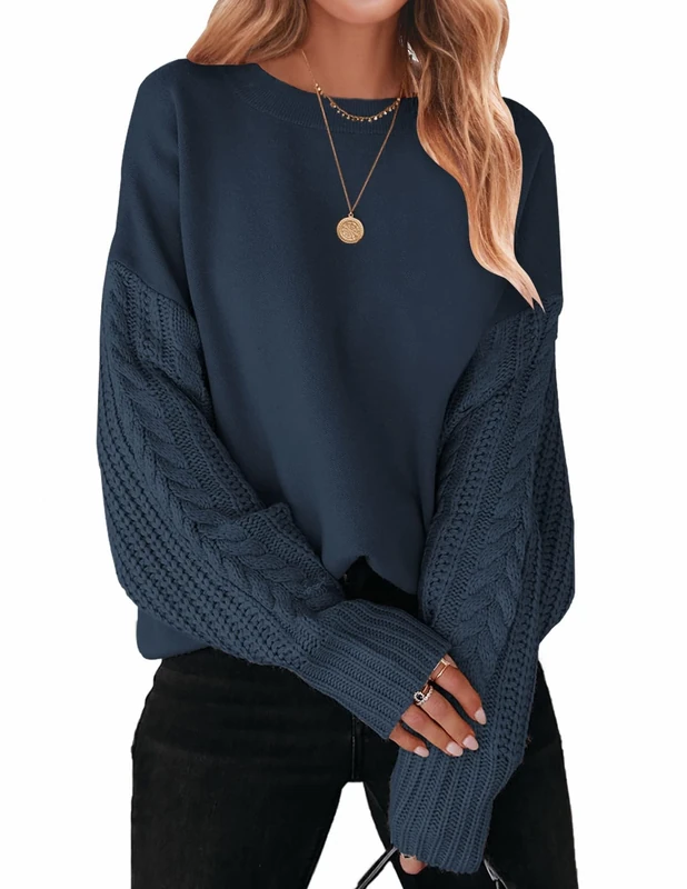 ZESICA Women's 2025 Fall Long Sleeve Crew Neck Solid Color Cable Knit Chunky Casual Oversized Pullover Sweater Tops, Navy, L