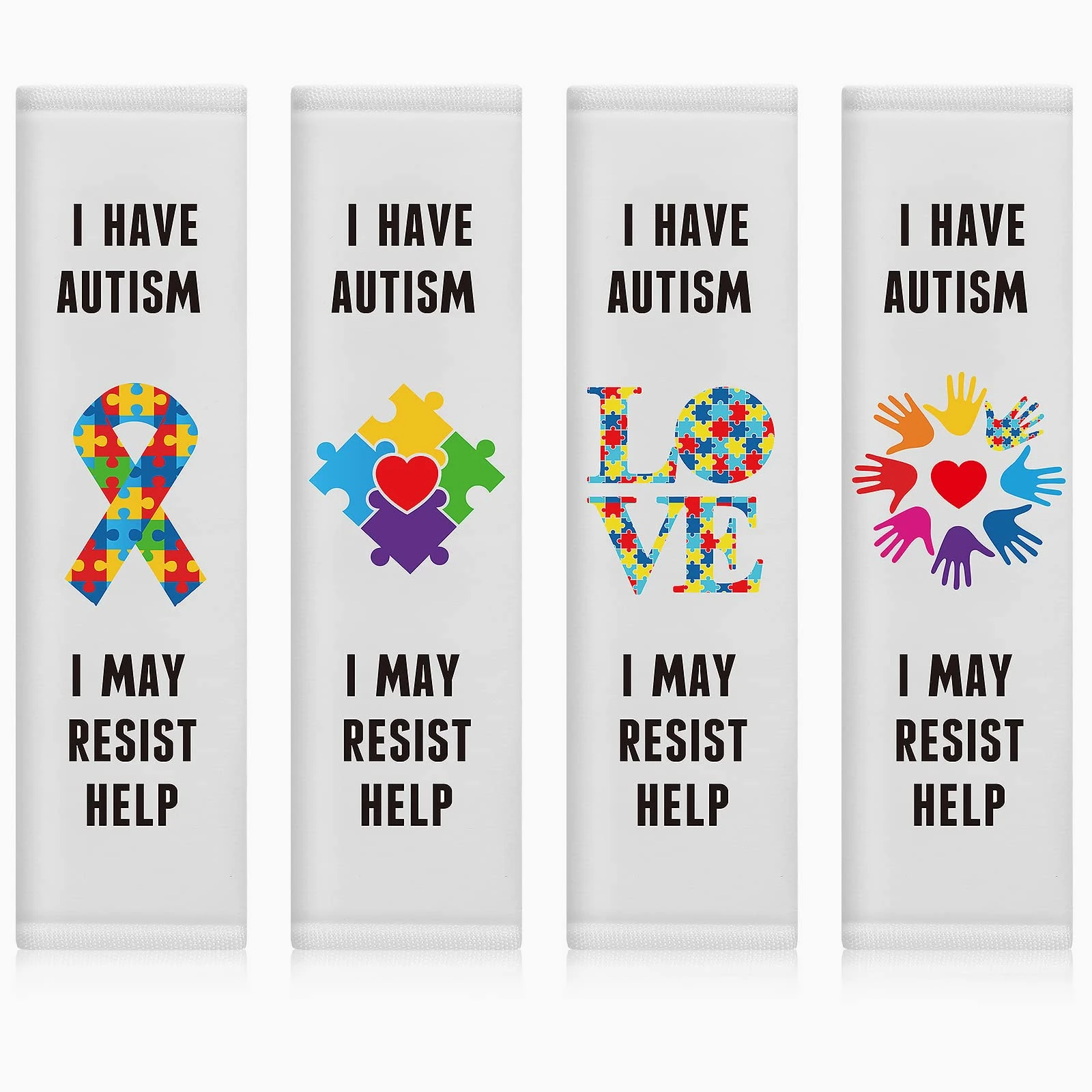 4 Pack Autism Belt Cover Autism Awareness Car Seat Covers Non Verbal Help Belts Cover Puzzle Sign and Awareness Designs for Child in Vehicle Car Truck Van SUV Compatible with All Cars