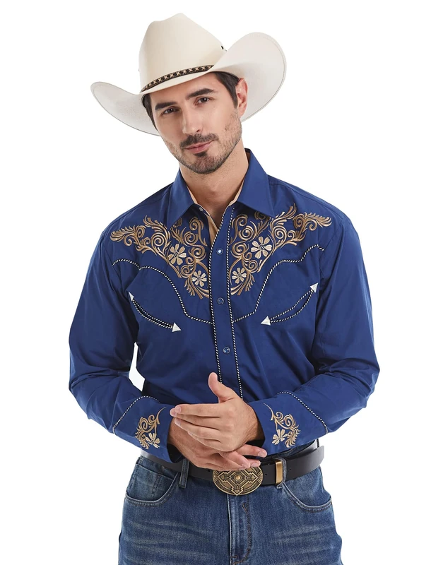 EL PIONERO Men's Western Shirt Long Sleeve Embroidered Cowboy Casual Snap Button Shirt, Navy Blue, S