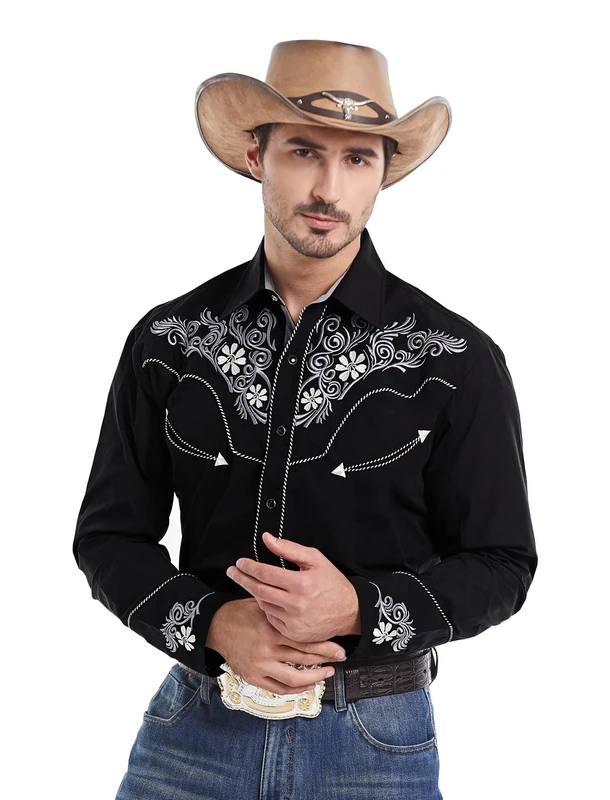 EL PIONERO - Men's Long Sleeve Western Shirt Embroidery Casual Cowboy Style Snap Buttons, Black Gray, XL