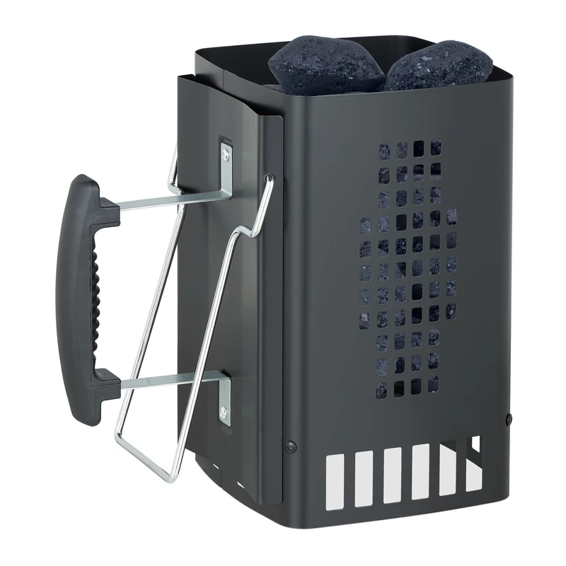 Relaxdays Charcoal Starter, Briquette Burner, Chimney Ignition, Safety Handle, Grill, Iron, HxWxD 27 x 28 x 17 cm, Black