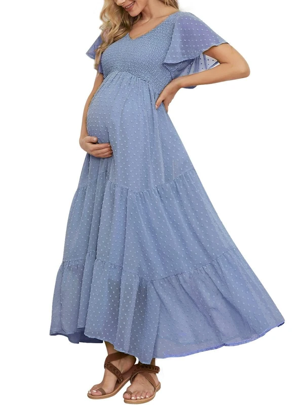 guruixu Swiss Dot Smocked Maternity Dress for Baby Shower Photoshoot Casual V Neck Ruffle Sleeve Empire Waist Tiered Boho Dress, B Blue, L