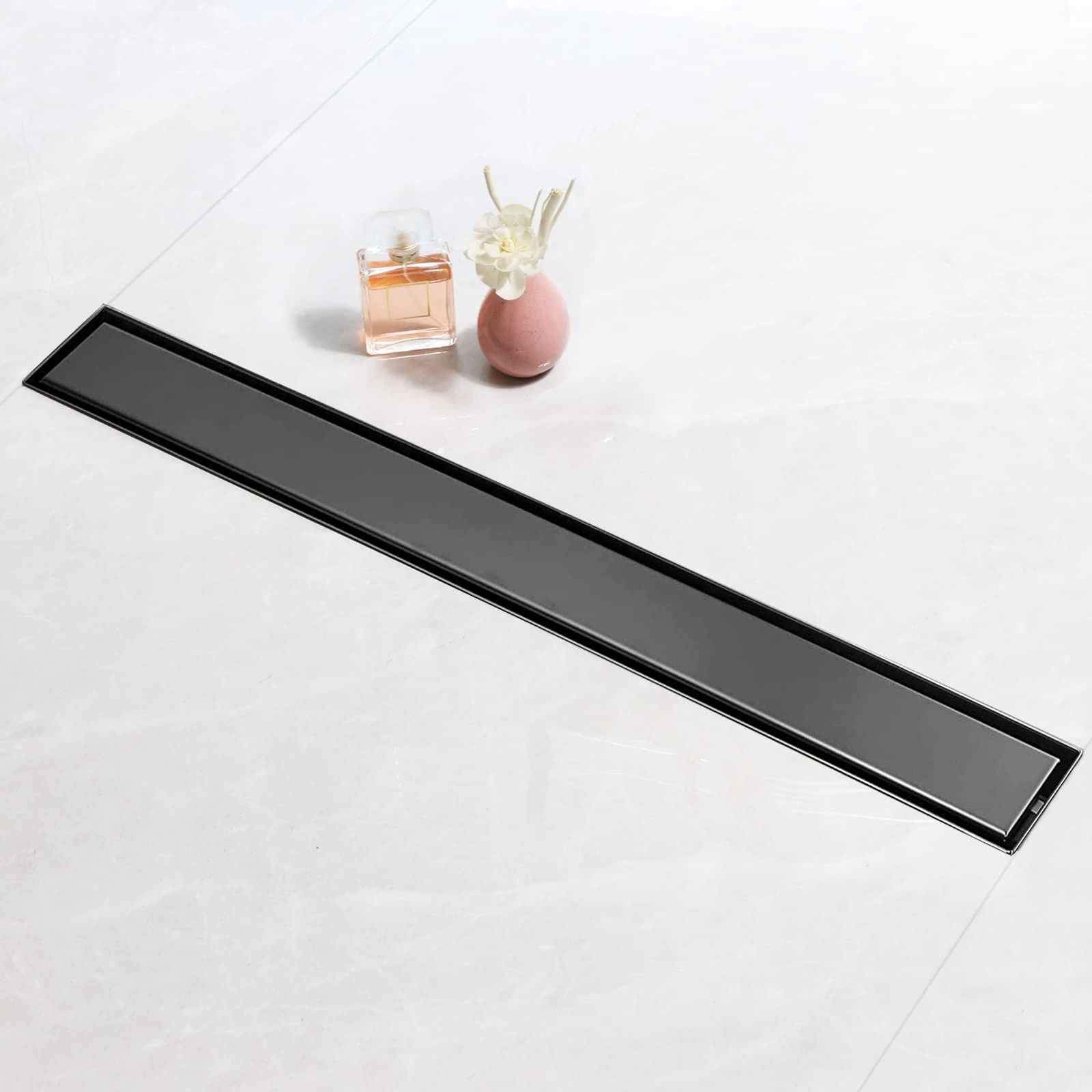 SaniteModar 90 cm Black Linear Shower Drain, 2-in-1 Tile Insert Panel Shower Drain with Siphon, Brushed 304 Stainless Steel Linear Drain with Leveling Feet