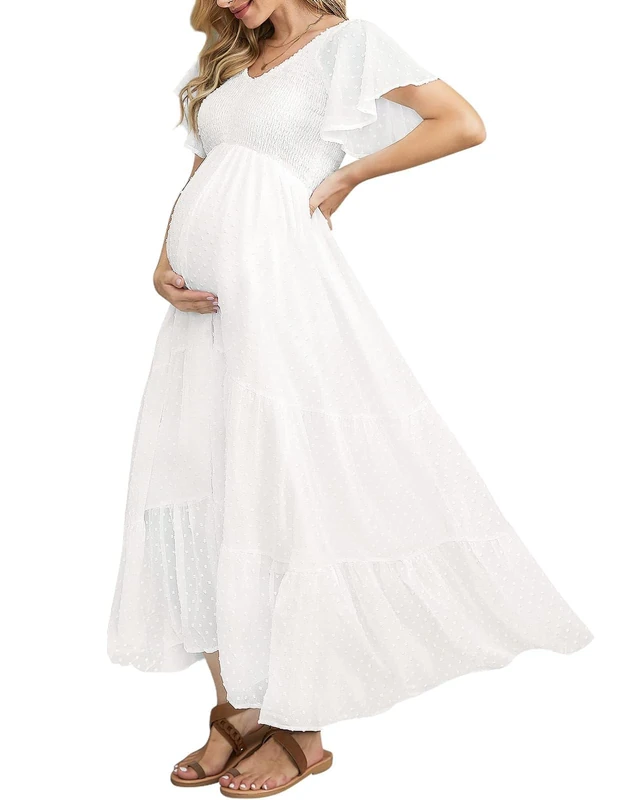 guruixu Swiss Dot Smocked Maternity Dress for Baby Shower Photoshoot Casual V Neck Ruffle Sleeve Empire Waist Tiered Boho Dress, B White, X-Large