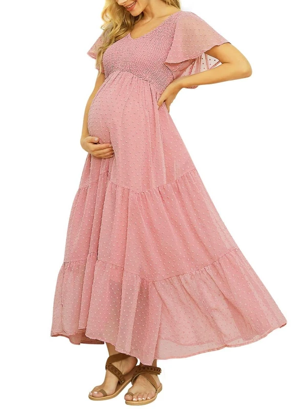guruixu Swiss Dot Smocked Maternity Dress for Baby Shower Photoshoot Casual V Neck Ruffle Sleeve Empire Waist Tiered Boho Dress, B Pink, X-Large