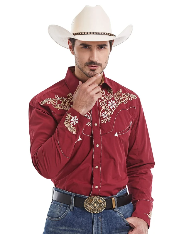 EL PIONERO Men's Western Shirt Long Sleeve Embroidered Cowboy Casual Snap Button Shirt, Burgundy, S