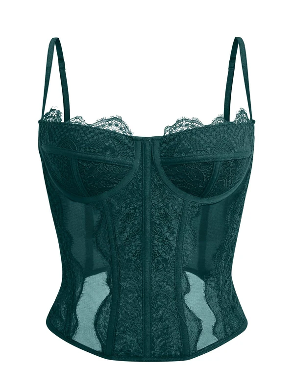 Dealmore Womens Summer Lace Bustier Mesh Sexy Vintage Spaghetti Strap Open Back Boned Corset Going Out Party Crop Top, Green, Medium