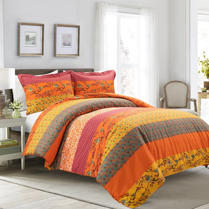 Lush Decor Royal Empire Duvet Cover Set - Reversible Striped Bold Colorful Bohemian Patterns - Soft 100% Cotton Comfort - 3 Piece Bedding Set - King, Tangerine
