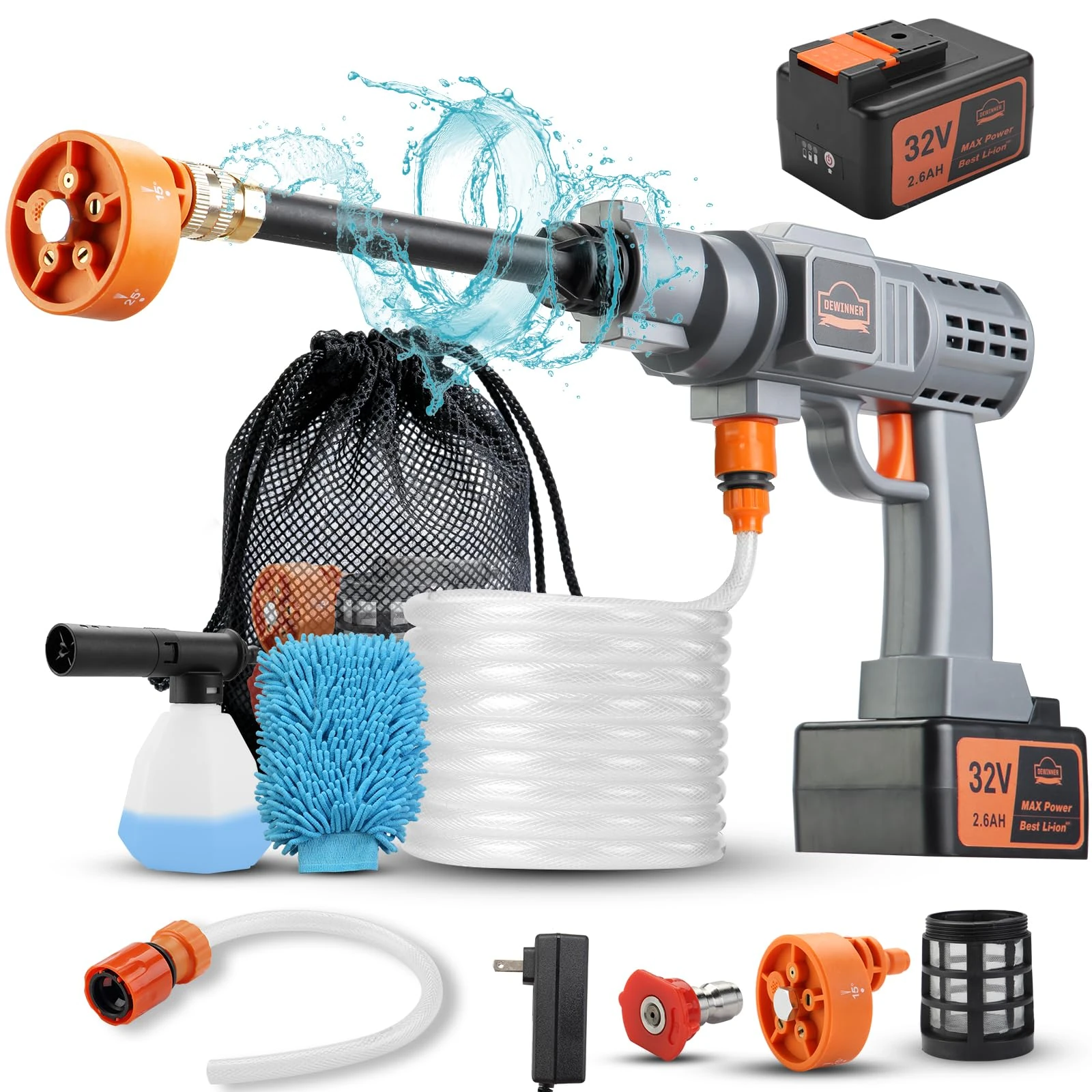 DEWINNER 32V Cordless Battery Powered Pressure Washer, 700PSI Portable Pressure Washer with 5-in-1 Adjustable Nozzle Suitable for Washing Cars/Fences/Siding