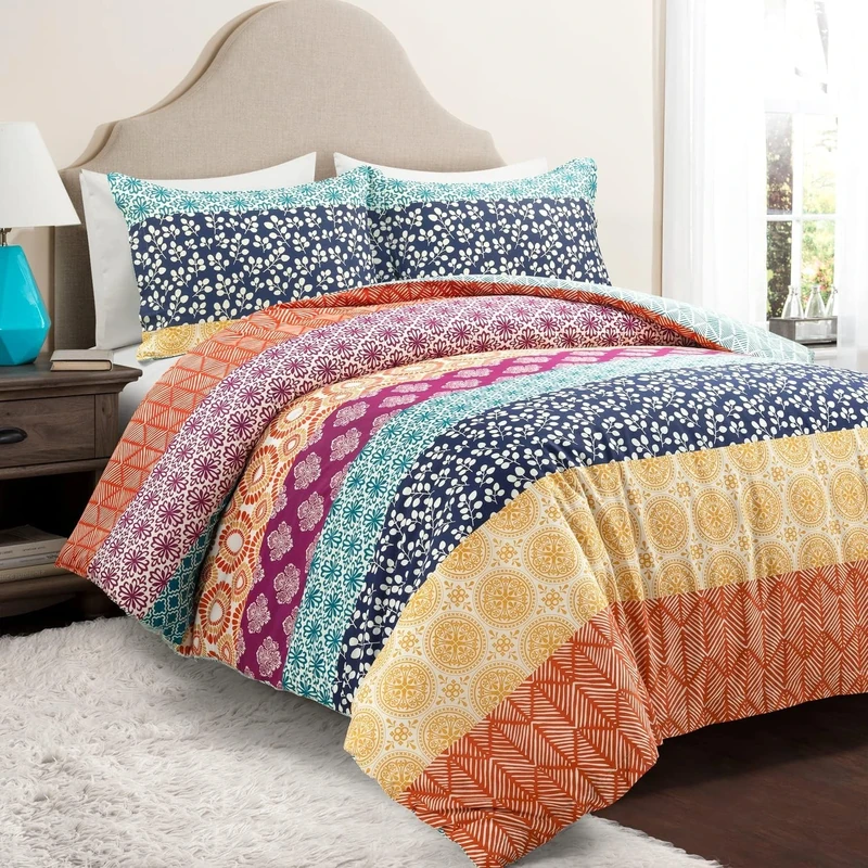 Lush Decor Bohemian Stripe Reversible Cotton Duvet Cover Set, Fuchsia & Orange, Full/Queen