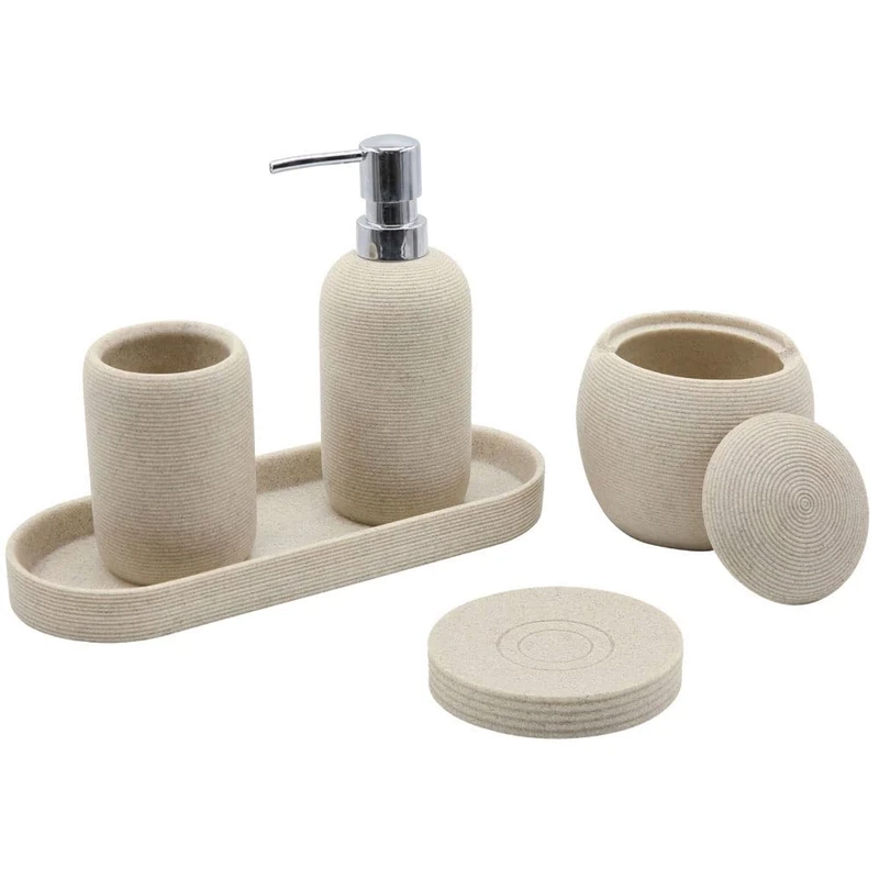Beige Resin Bathroom Accessory Set, 5 Pcs Bathroom Accessories Set with Lotion Dispenser,Soap Dish,Toothbrush Holder,Vanity Tray,Qtip Holder Dispenser, Modern Bathroom Decor and Housewarming Gift Set