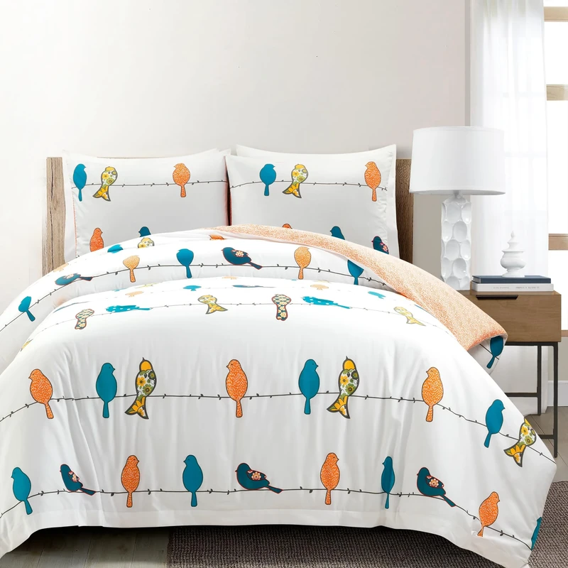 Lush Decor Rowley Birds Reversible Cotton 3 Piece Duvet Cover Set, King, Multi