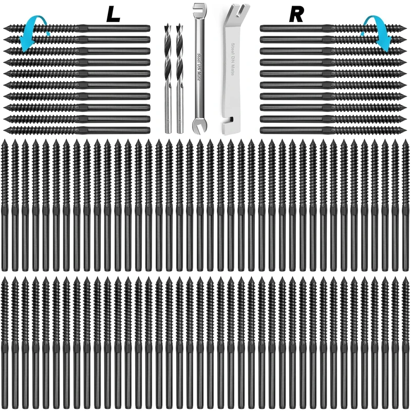 Steel DN Mate 100 Packs T316 Stainless Steel Left&Right Handed Thread Swage Lag Screws Black for Wood Post of 1/8" Deck Cable Railing Kit,Stair Railing, DIY Baluster Hardware, Wrench Included