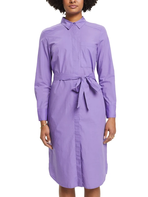 ESPRIT Cotton Shirt Dress with Tie Belt, Purple, 6 - Image 1