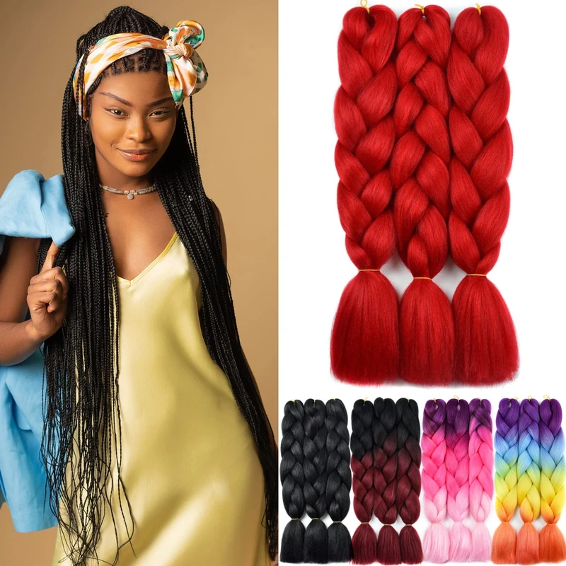 Yamel Jumbo Braiding Hair - 24in Red Synthetic Fibers, 3 Pack