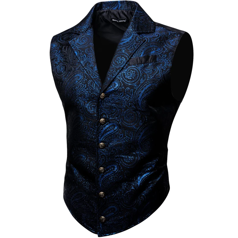Barry.Wang Mens Victorian Vest Steampunk Gothic Paisley Tailored Collar Waistcoat Halloween Themed Party, Blue Black, Small