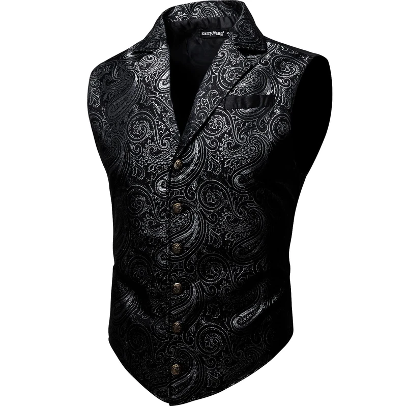 Barry.Wang Mens Victorian Vest Steampunk Gothic Paisley Tailored Collar Waistcoat Halloween Themed Party, Black Silver, Large