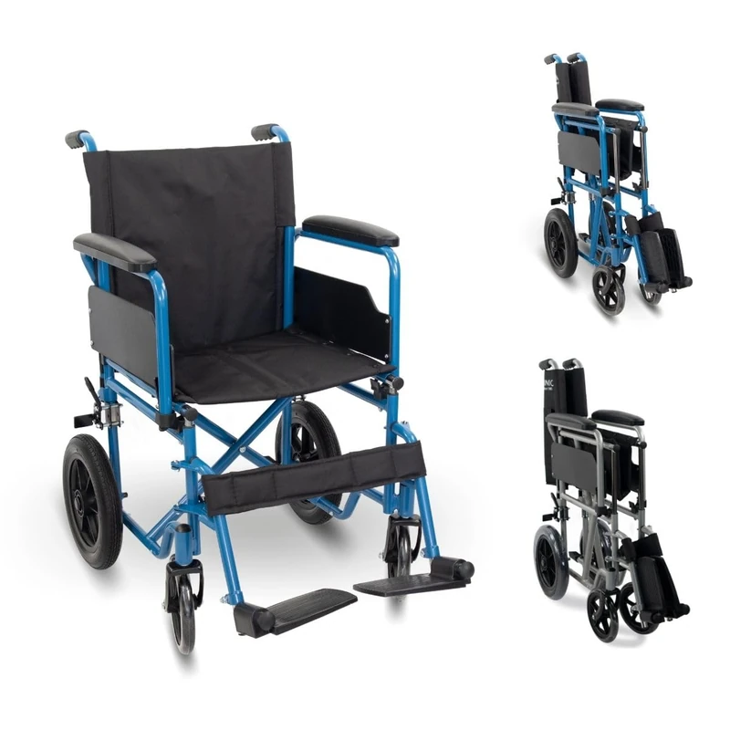 Mobiclinic®, Folding Lightweight Wheelchair, Marsella, Quick-Release castors at The Push of a Button, Seat 18.11 in, Sturdy, Folding armrests, Removable footrests (Blue) - Image 1