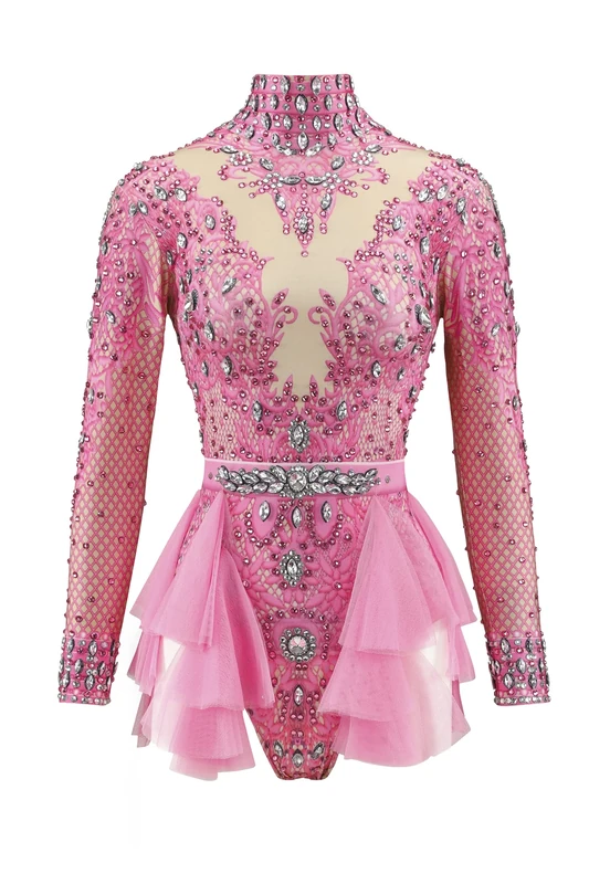 Shiny Rhinestone Pink Bodysuit For Women Long Sleeve Drag Queen Outfit Sexy Costumes Dance, Pink, One Size